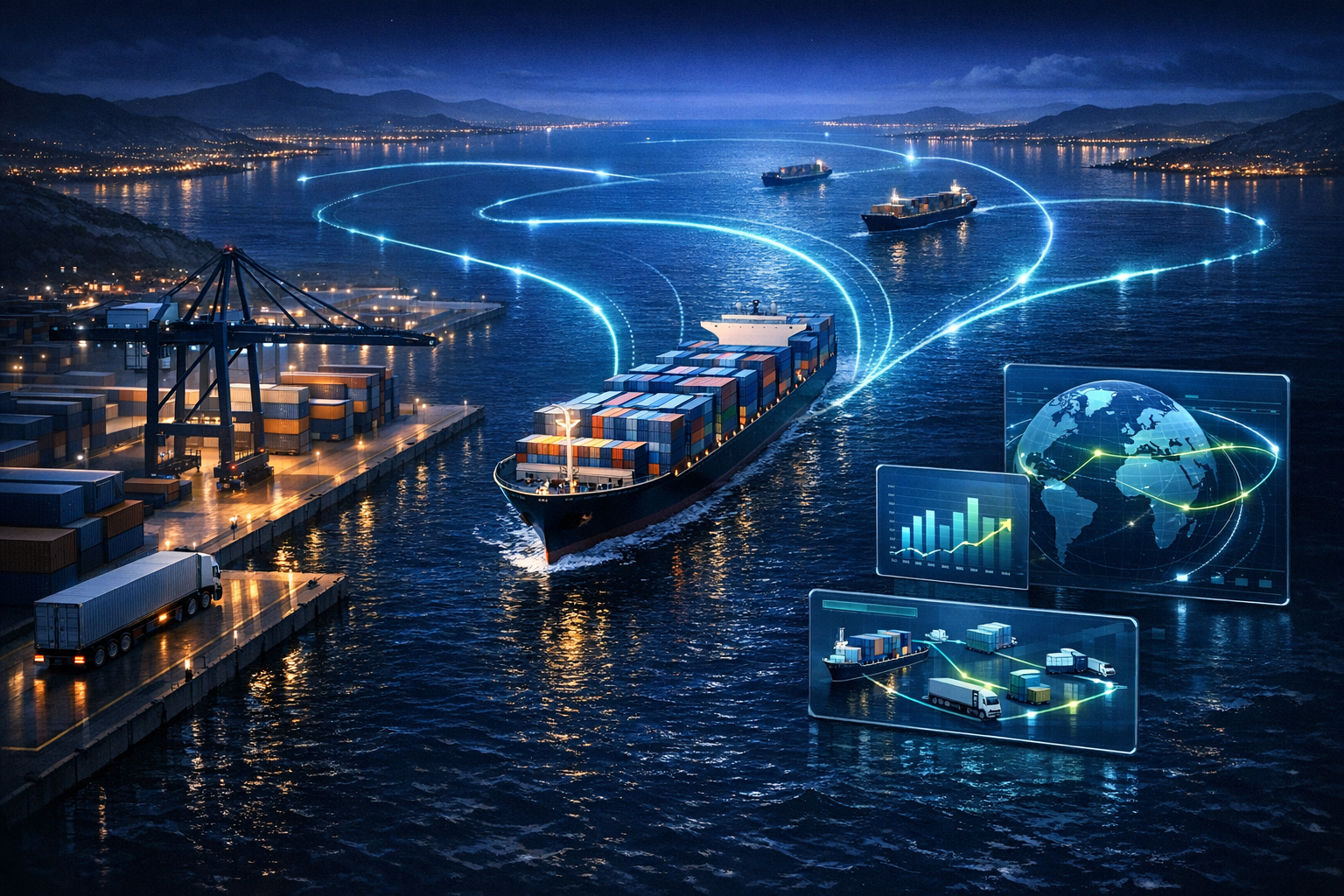 Editorial illustration of end-to-end maritime logistics flow