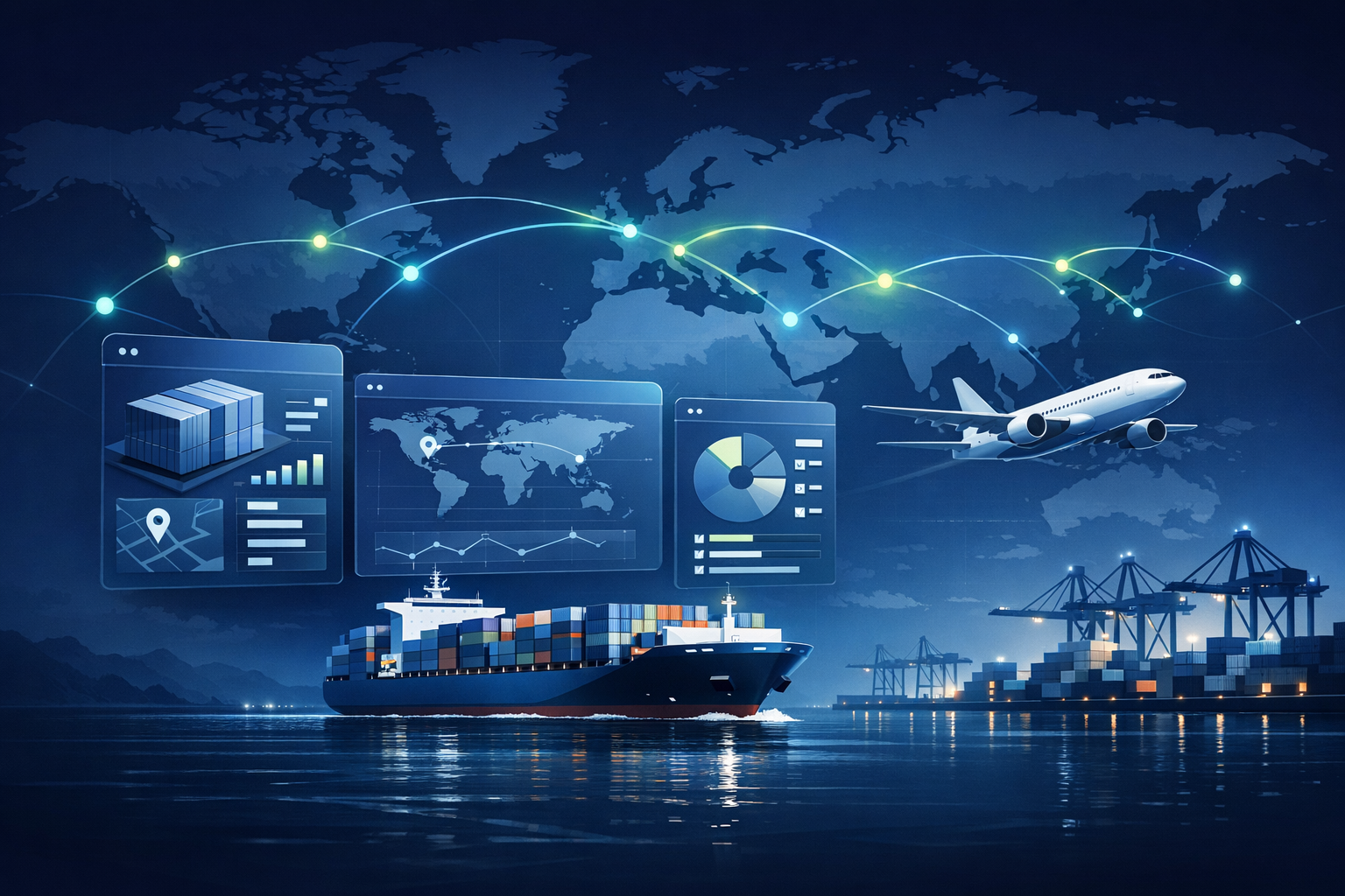 Editorial illustration of maritime routes and FreshTrack digital logistics visibility