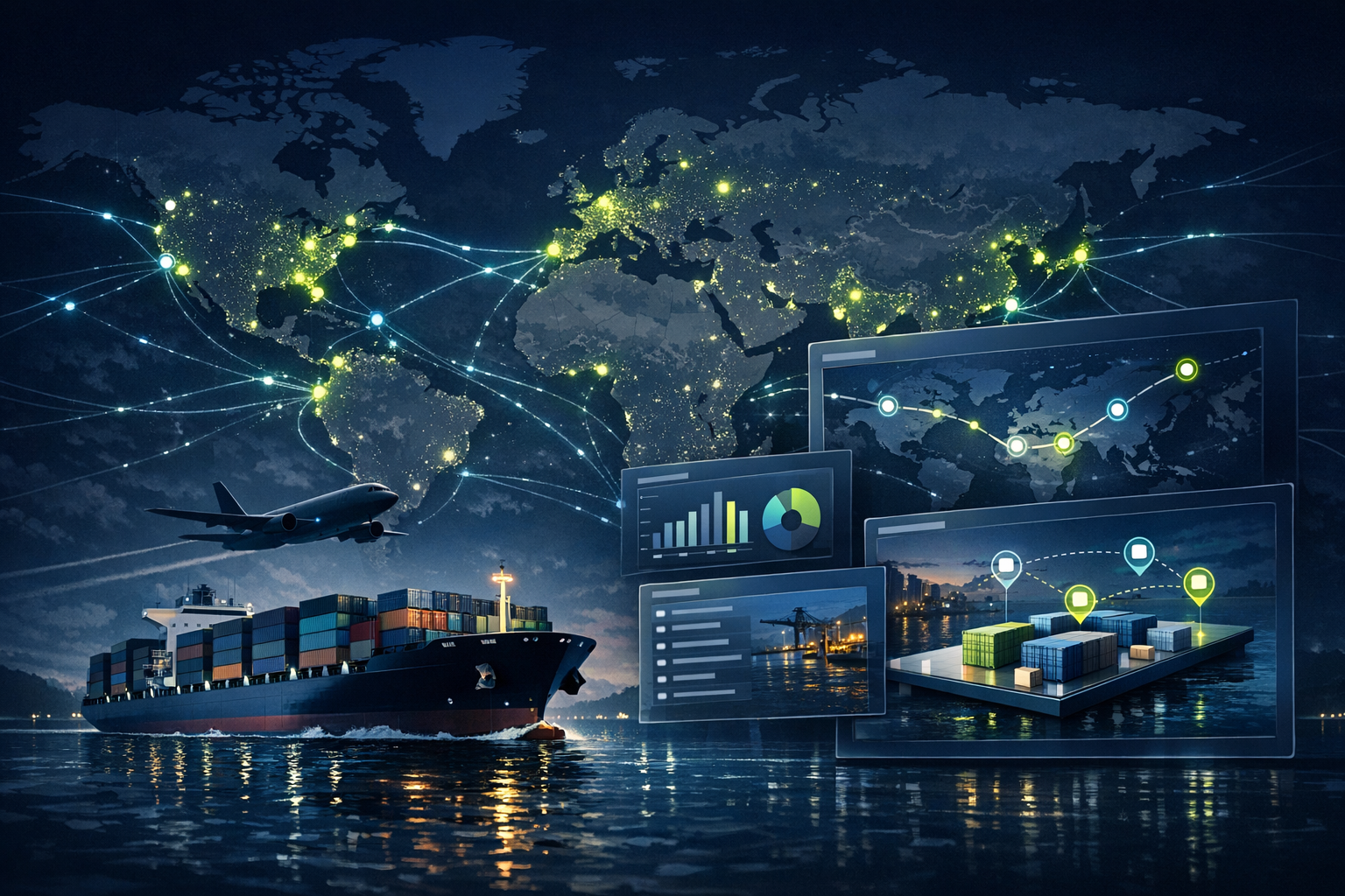 Illustration editoriale d'une plateforme maritime collaborative et de ses routes logistiques mondiales