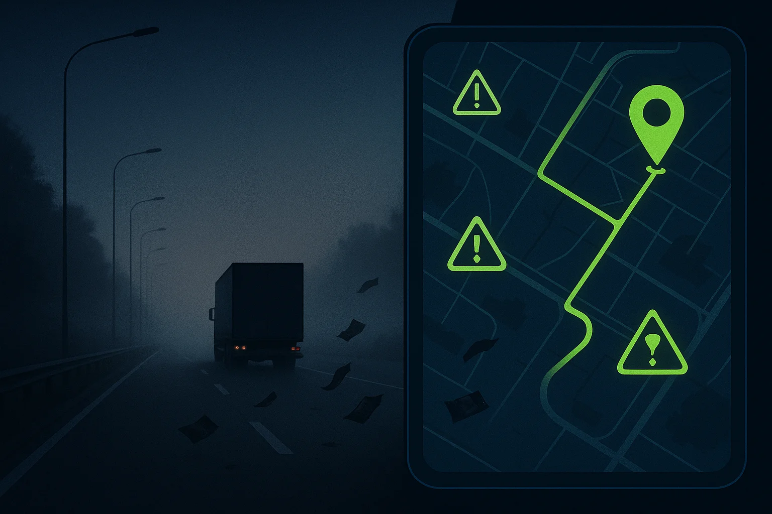 Editorial illustration of freight security and real-time logistics visibility